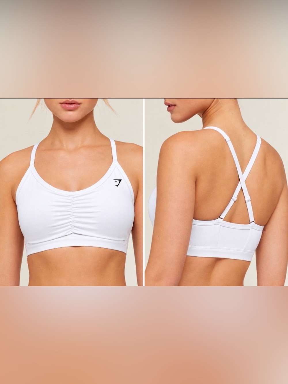 Gymshark White Ruched V-neck and Cross-over Strap Medium-Support Sports Bra